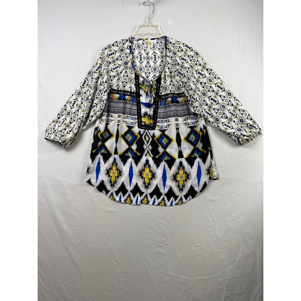 Fig and Flower Blouse Womens Large Blue Yellow Ikat Coastal Lace Tie Neck Top